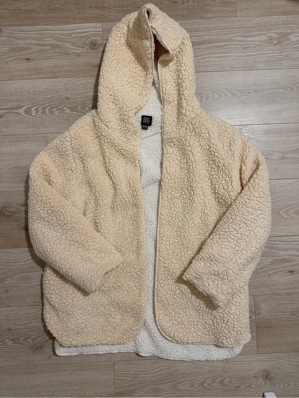 BDG Cozy Hooded Sherpa Jacket in Cream